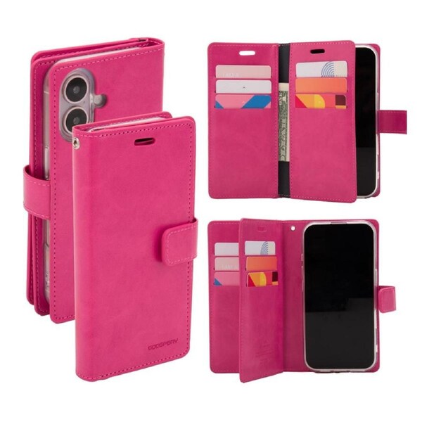 Goospery Mercury Mansoor For iPhone 16 - Hot Pink Diary Wallet Phone Case