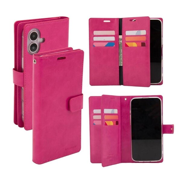 Goospery Mercury Mansoor For iPhone 16 Plus - Hot Pink Diary Wallet Phone Case