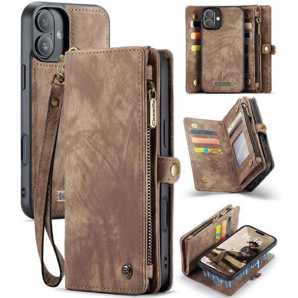 CaseMe 008 Series For iPhone 16 - Brown Multi-Functional Wallet with Removable Inner Magnetic Case