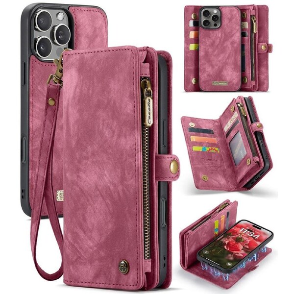 CaseMe 008 Series For iPhone 16 Pro - Red Multi-Functional Wallet with Removable Inner Magnetic Case