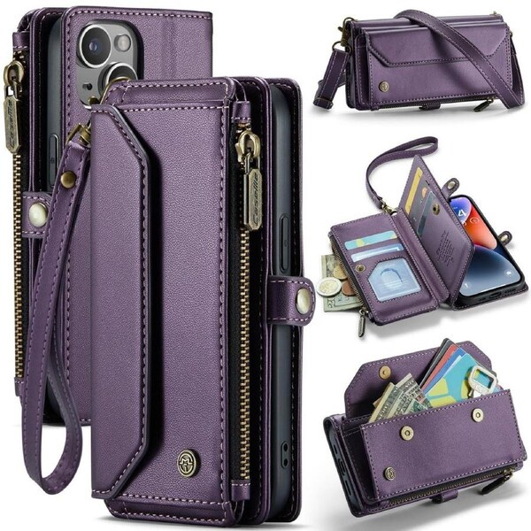 CaseMe C36 Series For iPhone 14 Plus - Purple Crossbody Zipper Multi Card Slot Wallet Case