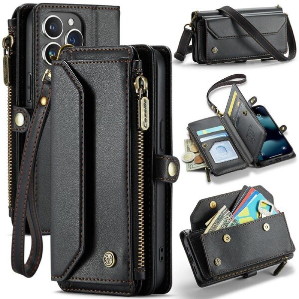 CaseMe C36 Series For iPhone 13 Pro - Black Crossbody Zipper Multi Card Slot Wallet Case