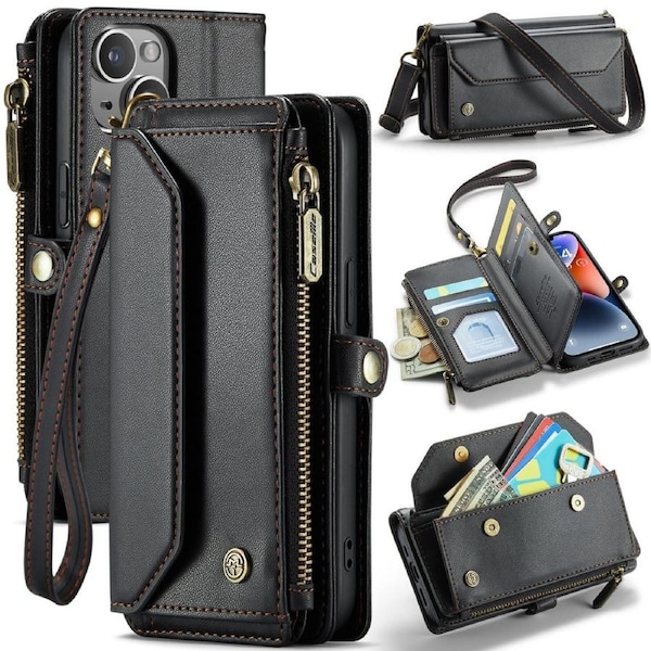 CaseMe C36 Series For iPhone 14 Plus - Black Crossbody Zipper Multi Card Slot Wallet Case