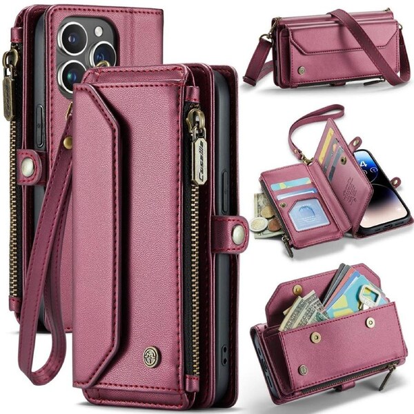 CaseMe C36 Series For iPhone 14 Pro - Wine Crossbody Zipper Multi Card Slot Wallet Case
