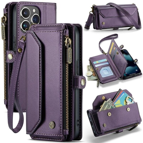 CaseMe C36 Series For iPhone 13 Pro Max - Purple Crossbody Zipper Multi Card Slot Wallet Case