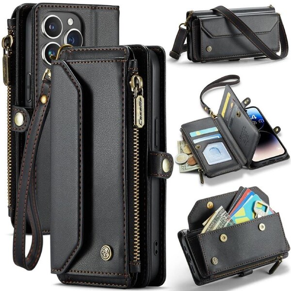 CaseMe C36 Series For iPhone 14 Pro - Black Crossbody Zipper Multi Card Slot Wallet Case