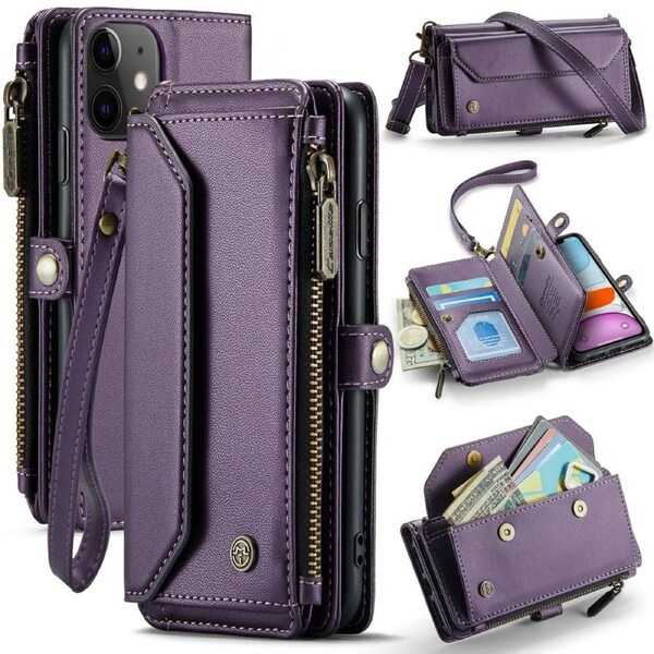 CaseMe C36 Series For iPhone 11 - Purple Crossbody Zipper Multi Card Slot Wallet Case