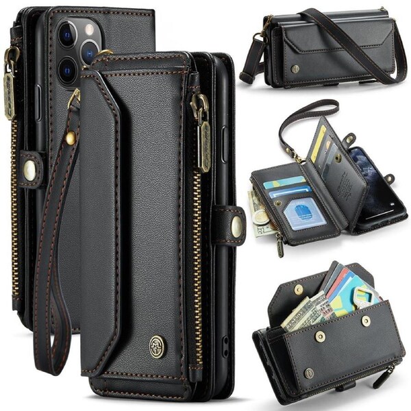 CaseMe C36 Series For iPhone 11 Pro - Black Crossbody Zipper Multi Card Slot Wallet Case