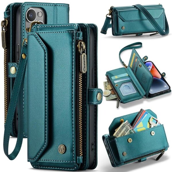 CaseMe C36 Series For iPhone 14 Plus - Turquoise Crossbody Zipper Multi Card Slot Wallet Case