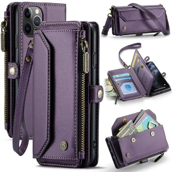 CaseMe C36 Series For iPhone 11 Pro - Purple Crossbody Zipper Multi Card Slot Wallet Case