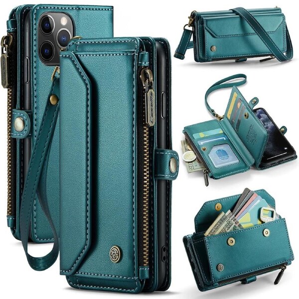 CaseMe C36 Series For iPhone 11 Pro - Turquoise Crossbody Zipper Multi Card Slot Wallet Case