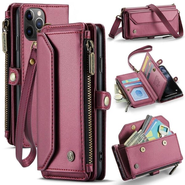 CaseMe C36 Series For iPhone 11 Pro - Wine Crossbody Zipper Multi Card Slot Wallet Case