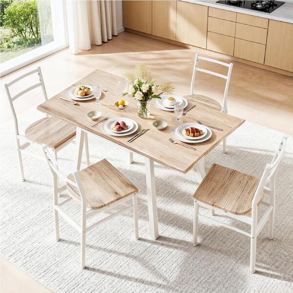 1 Artiss Dining Table and 4 Chairs Set Foldable Natural and White