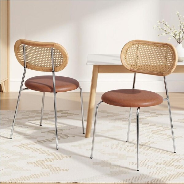 1 Set of 2 Artiss Dining Chairs PU Leather Rattan Brown
