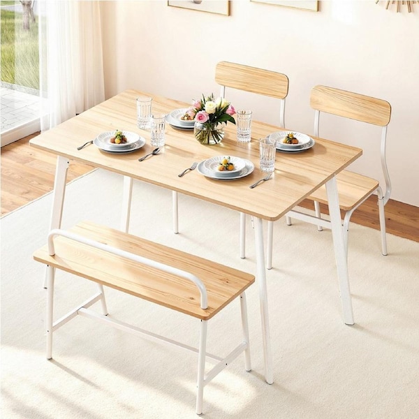 1 Artiss Dining Table and 2 Chairs Bench Set Natural and White