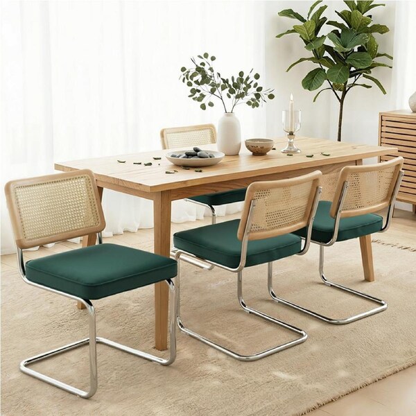 1 Set of 4 Artiss Dining Chairs Velvet Rattan Cantilever Green