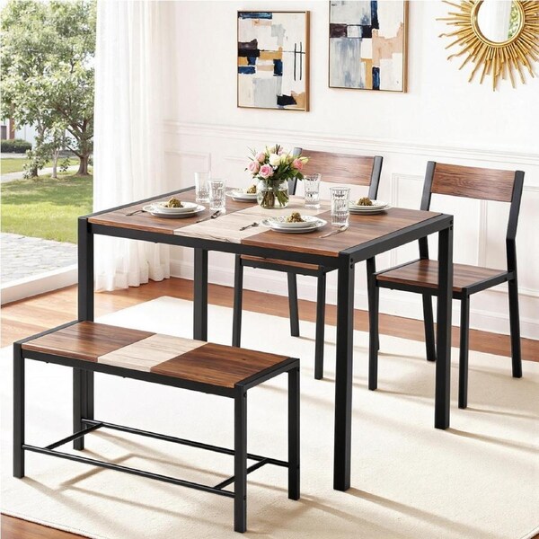 1 Artiss Dining Table and 2 Chairs Bench Set Rustic Brown