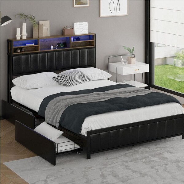 Oikiture Bed Frame Double Size With ED Storage Headboard 2 Drawers Charging Station
