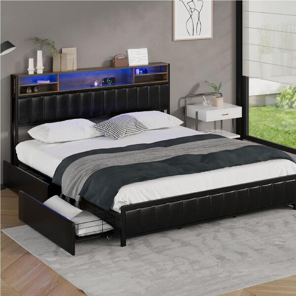 Oikiture Bed Frame King Size With LED Storage Headboard 2 Drawers Charging Station