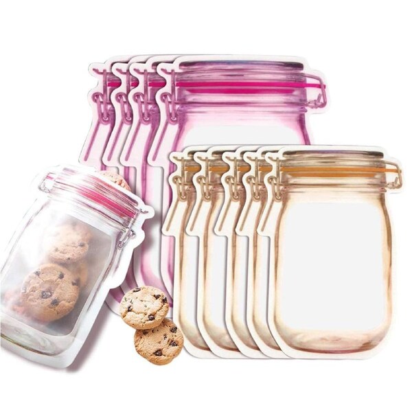Vivva 10pcs Multi-Size Mason Jar Bottle Pattern Zipper Bags,Reusable Airtight Seal Leak-Proof Portable Food Snack Save Storage Pouch Bag for Travel Picnic Camping and Kids