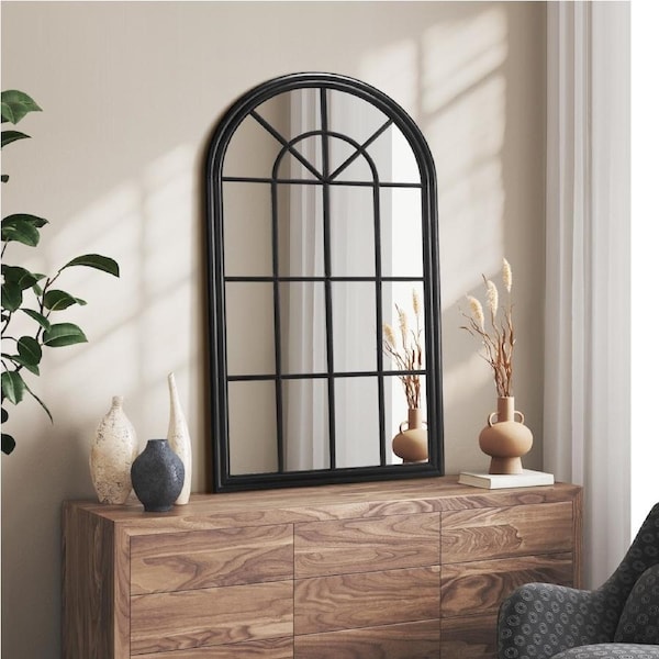 Oikiture Wooden Window Mirror Arched Wall Mirrors Decor 76x51cm 76x51cm