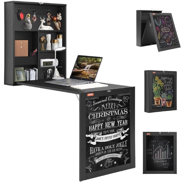 Wall Mounted Fold Out Desk with Chalkboard, Space Saving Convertible Folding Wall Table with Storage, Multi-Function Computer Desk for Home Office and Small Spaces