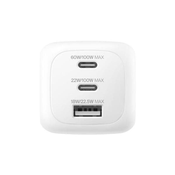 Belkin BoostCharge 100W GaN Wall Charger With 3-Port (2xUSB-C + 1x USB-A) - White