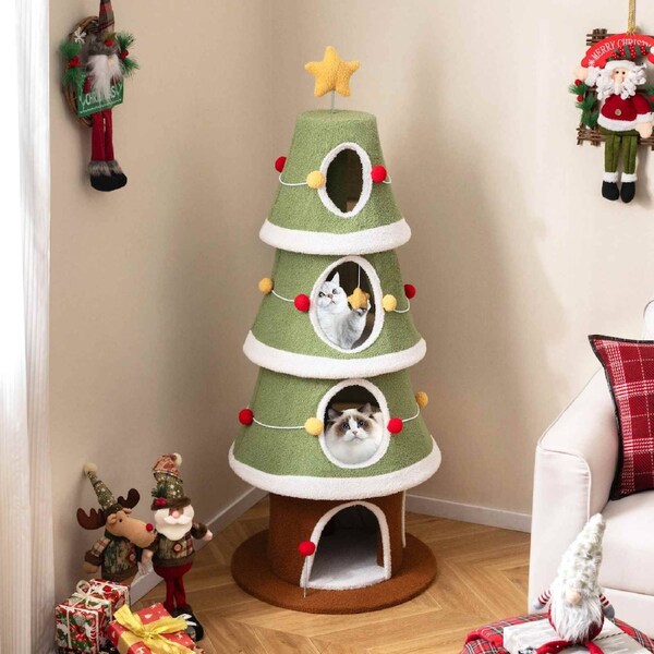 Costway 154cm Large Christmas Cat Tree Indoor Cat Tower w/Star Topper Pet Condo Furniture