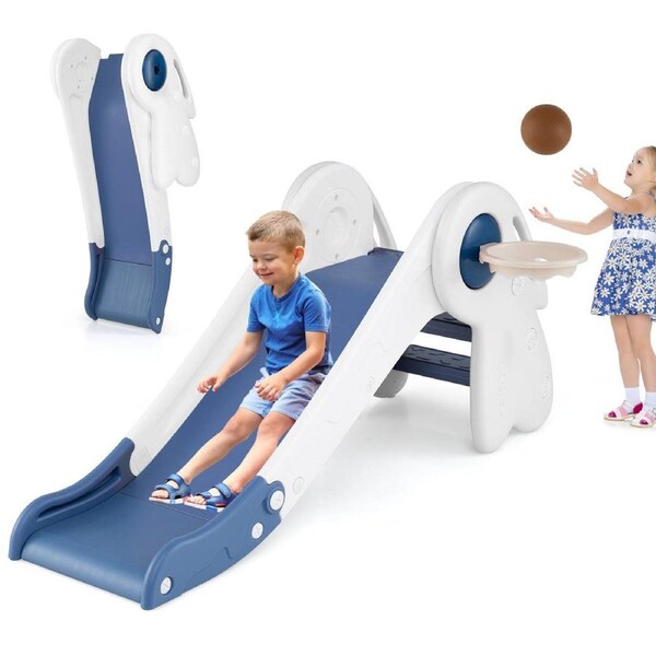 Babyjoy 3 in 1 Foldable Slide Climb Playset Climber w/Basketball & Basketball Hoop Blue