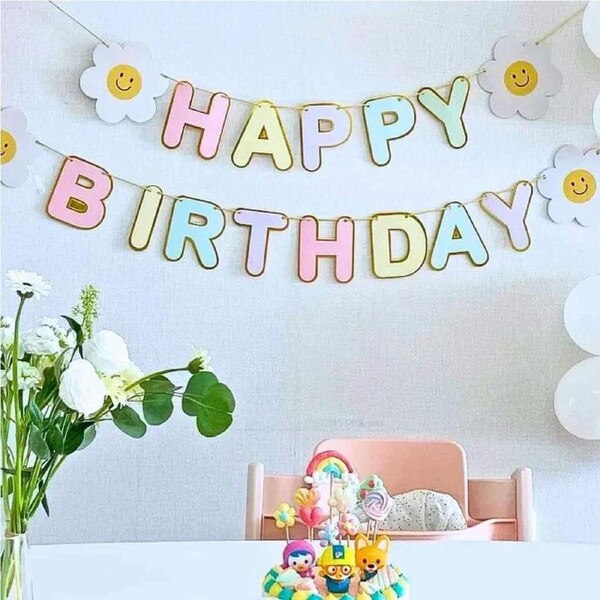 Rainbow Happy Birthday with Daisies Paper Banner