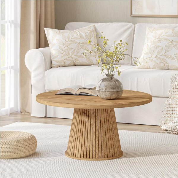 Byron 80cm Round Fluted Coffee Table - Natural Oak Wood Grain