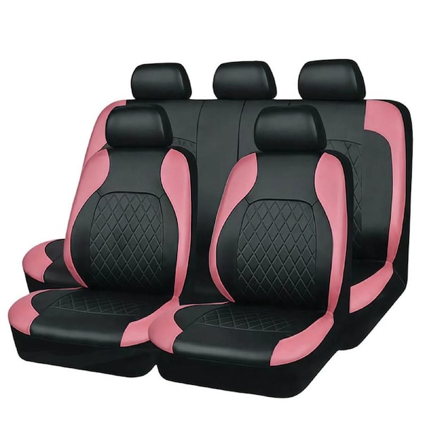 Catzon 9Pcs Car Seat Cover PU Leather Universal Full Set Protector-Pink