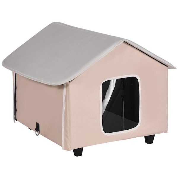Elevated Heated Cat House, Outdoor Kitty Shelter with Timer, 600D Oxford Cloth Foldable Cat Shelter with Heated Pad for Winter to Stay Warm and Cozy, Brown (Middle)