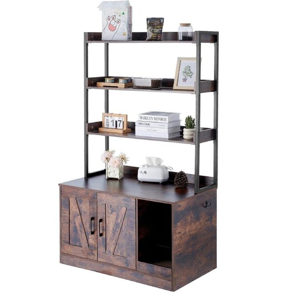 Cat Litter Box Enclosure, Hidden Litter Box Furniture with 3 Storage Shelves, Wooden Cat Washroom Indoor, Large Cat House Cabinet Hidden Fit Most Litter Box, 33.5"L x 19.3"W x 58.7"H, Dark Brown