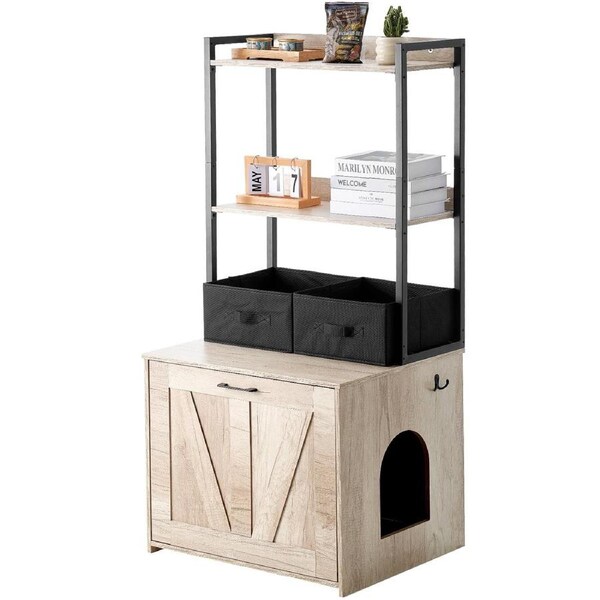 Cat Litter Box Enclosure, Hidden Litter Box Furniture with 2 Storage Shelves & 2 Baskets, Wooden Cat Washroom Indoor, Cat House Cabinet Fit Most of Litter Box, 23.6"L x 19.7"W x 50"H, Natural