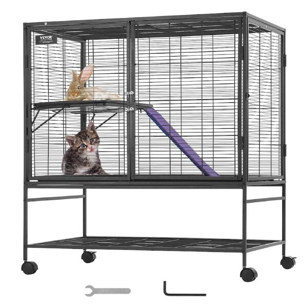 39" Rolling Metal Ferret Cage, Large 2-Tier Critter Nation Cage, Small Animal Cage with Ramps & Tray, Easy to Set up for Pet Rats, Hamster, Guinea Pig, Chinchilla, Squirrel, Hedgehogs, Bunny