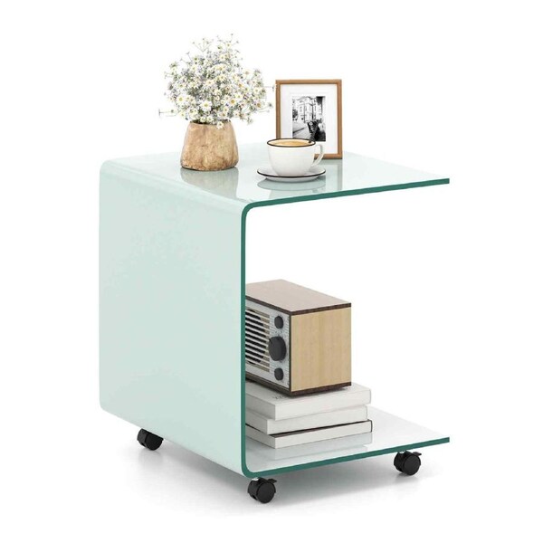 Costway Side Table Mobile Sofa End Table 2-Tier Nightstand Storage Shelf Tea Coffee Table Lockable Wheels White