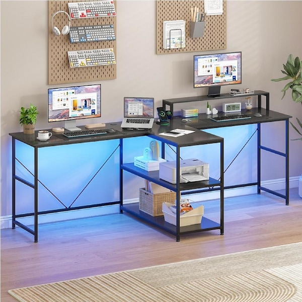 Advwin 2 Person Gaming Desk Long Office Computer Desk with LED Light & Power Outlet Two Person Desk with Storage Power Strip & Monitor Shelf for Home Office, Black