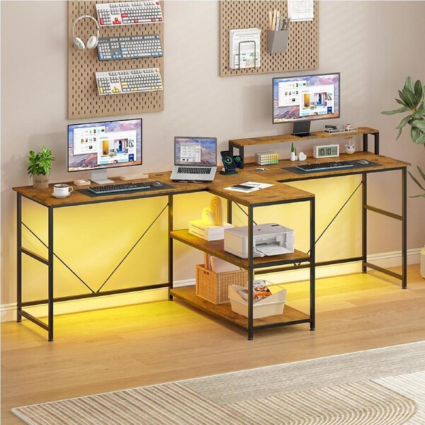 Advwin 2 Person Gaming Desk Long Office Computer Desk with LED Light & Power Outlet Two Person Desk with Storage Power Strip & Monitor Shelf for Home Office, Walnut