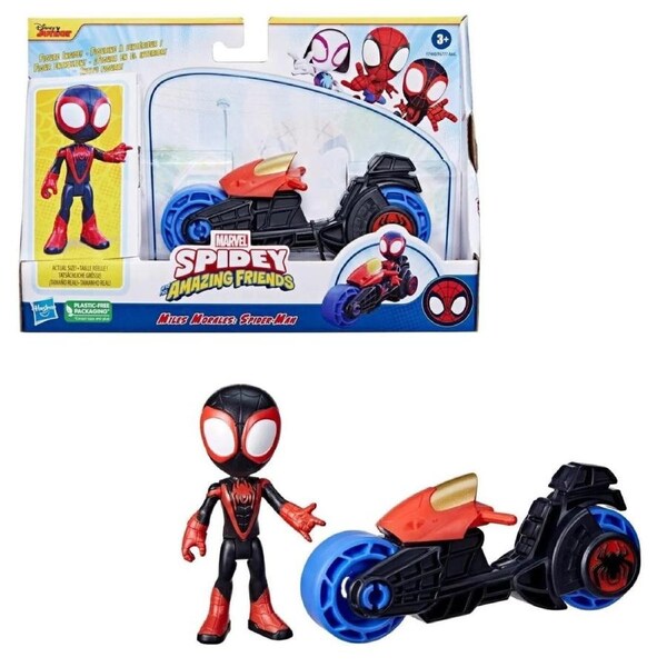 Spidey Miles Morales Figure with Motorbike Toy 4 Inch Preschool Action Set