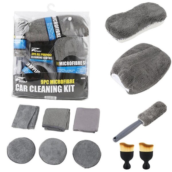 Car Cleaning 9 Piece Set Multi Color Glove Towel Wax Sponge Tire Brush Dust Kit