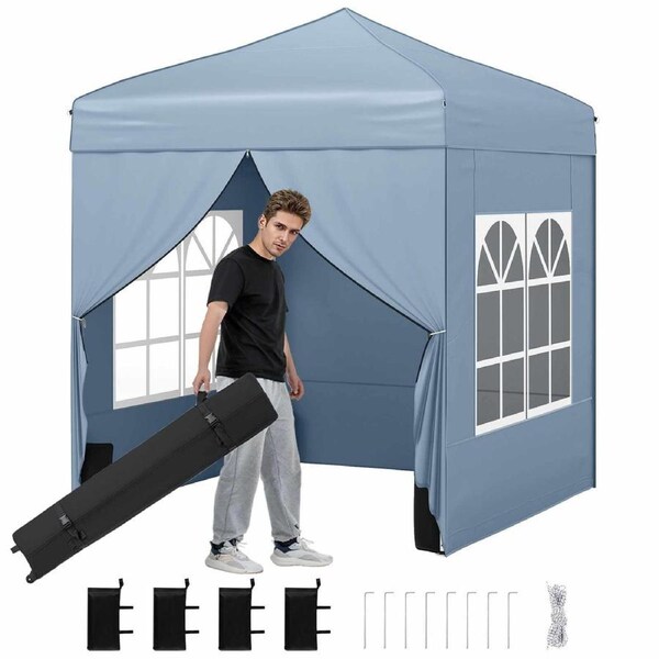 Costway 2x2M Pop up Canopy Tent Gazebo w/4 Sidewall Wheeled Bag Outdoor Patio Sunshade Shelter Grey
