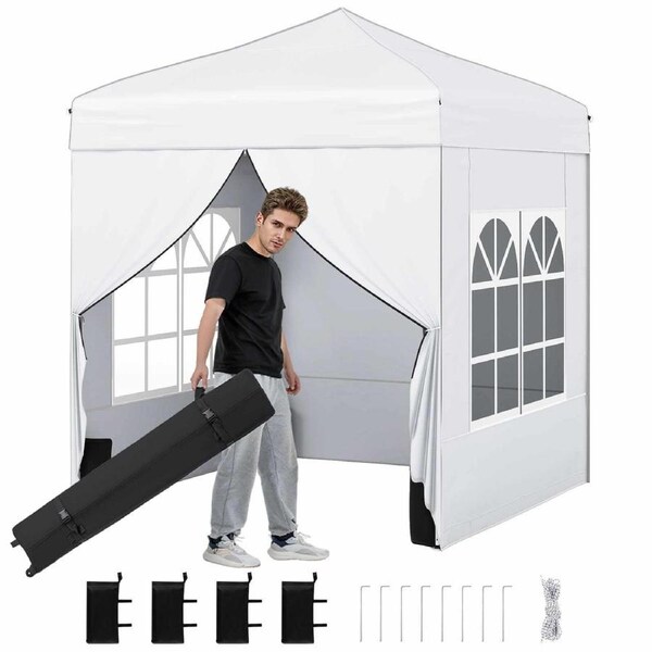 Costway 2x2M Pop up Canopy Tent Gazebo w/4 Sidewall Wheeled Bag Outdoor Patio Sunshade Shelter White
