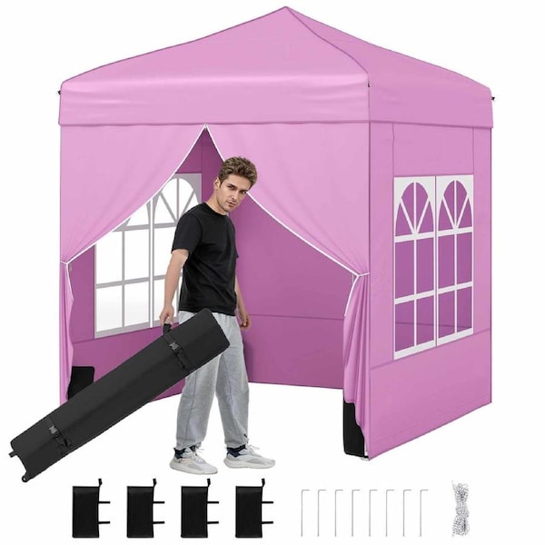 Costway 2x2M Pop up Canopy Tent Gazebo w/4 Sidewall Wheeled Bag Outdoor Patio Sunshade Shelter Pink