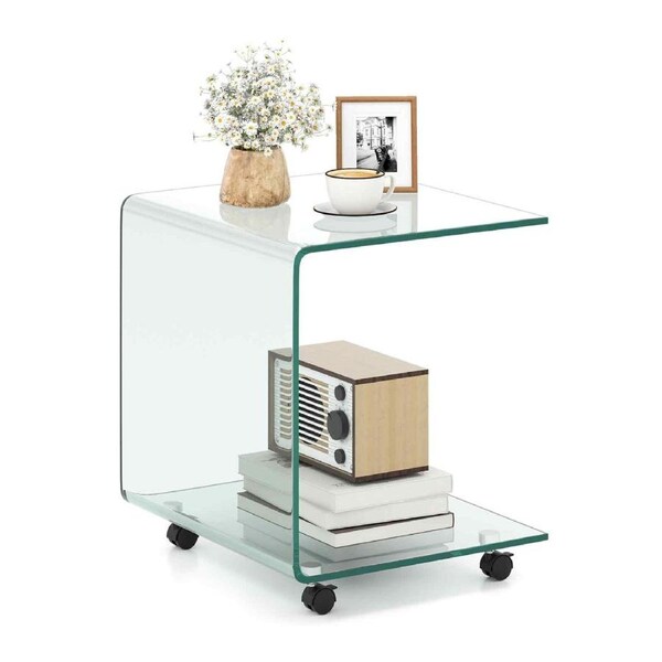 Costway Glass Side Table Mobile Sofa End Table 2-Tier Nightstand Coffee Table w/Lockable Wheels Storage Shelf Clear