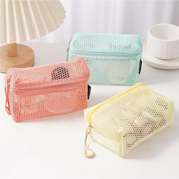 3Pcs Casual Mesh Storage Pouch Hand-held With Zipper Cosmetic Bags