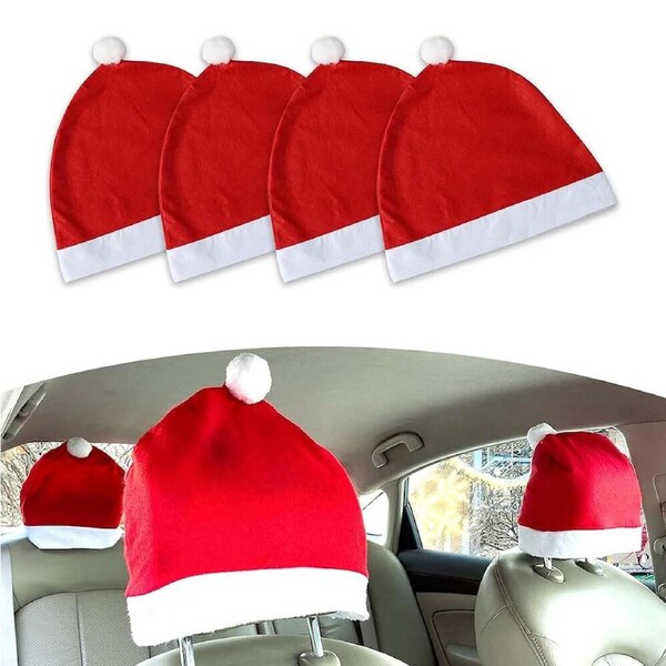 4 Pack Santa Claus Hat Car Seat Headrest Cover Cute Car Christmas Decorations