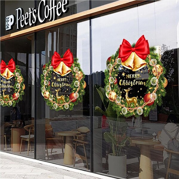 4Pcs Xmas Wreath Clings for News Years Large Xmas Wreath Window Stickers
