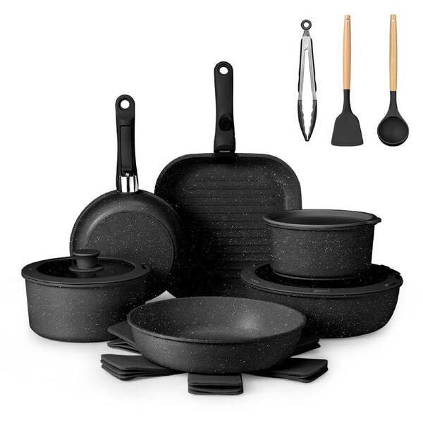 ZUNI 20PCS Nonstick Cookware Pots & Pans Set Granite Coating Black