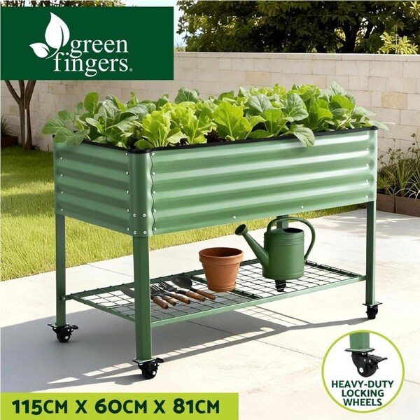 Green Fingers Mobile Raised Garden Bed w/ Wheels Storage Shelf Green 81cm Height for Vegetables Herb